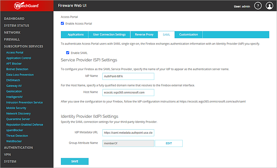Screen shot of the Enable SAML